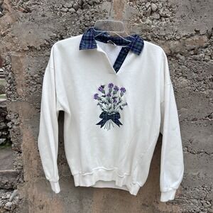 Vintage Woman's Scottish Thistle Tartan Collar Outlander Cottagecore Sweater S/M